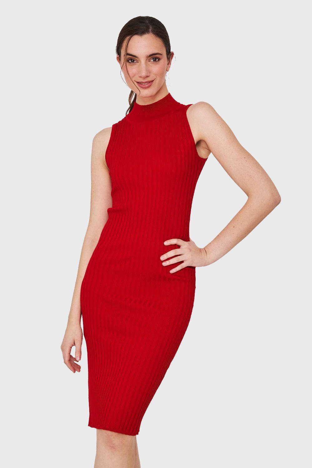 Vestido Acanalado Cuello Alto Rojo Nicopoly-0