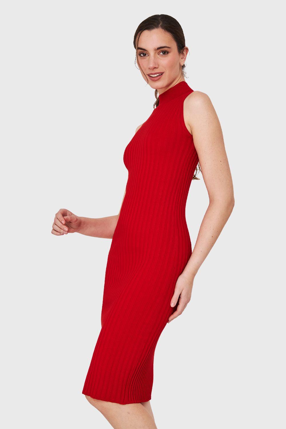 Vestido Acanalado Cuello Alto Rojo Nicopoly-2