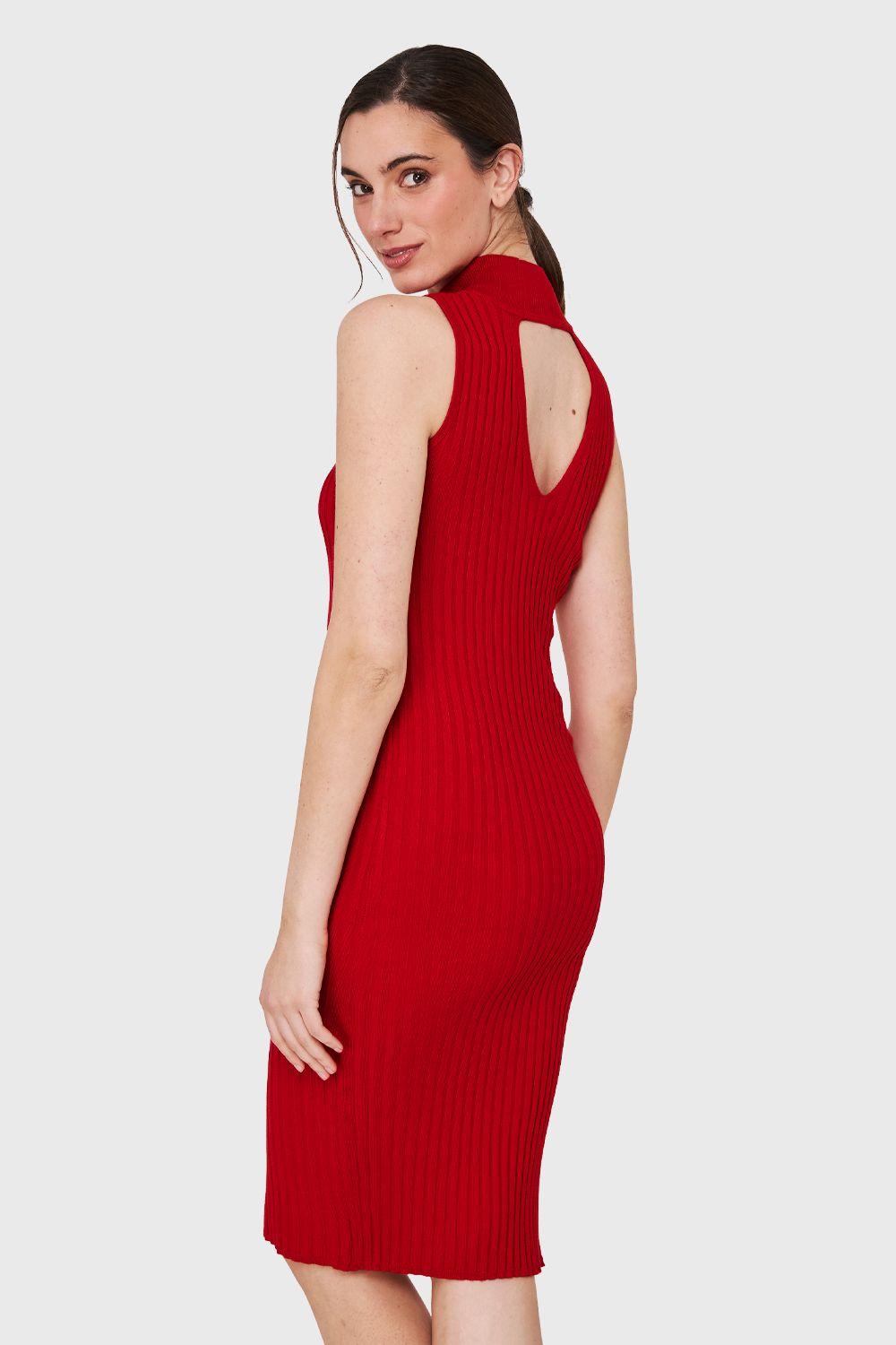 Vestido Acanalado Cuello Alto Rojo Nicopoly-3