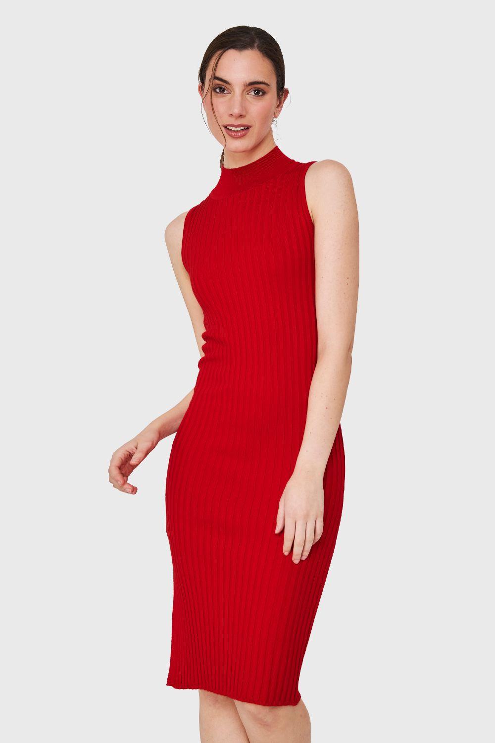 Vestido Acanalado Cuello Alto Rojo Nicopoly-4