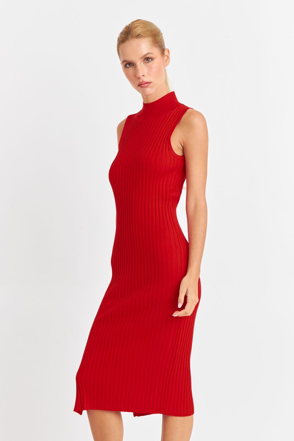 Vestido Acanalado Cuello Alto Rojo Nicopoly-3