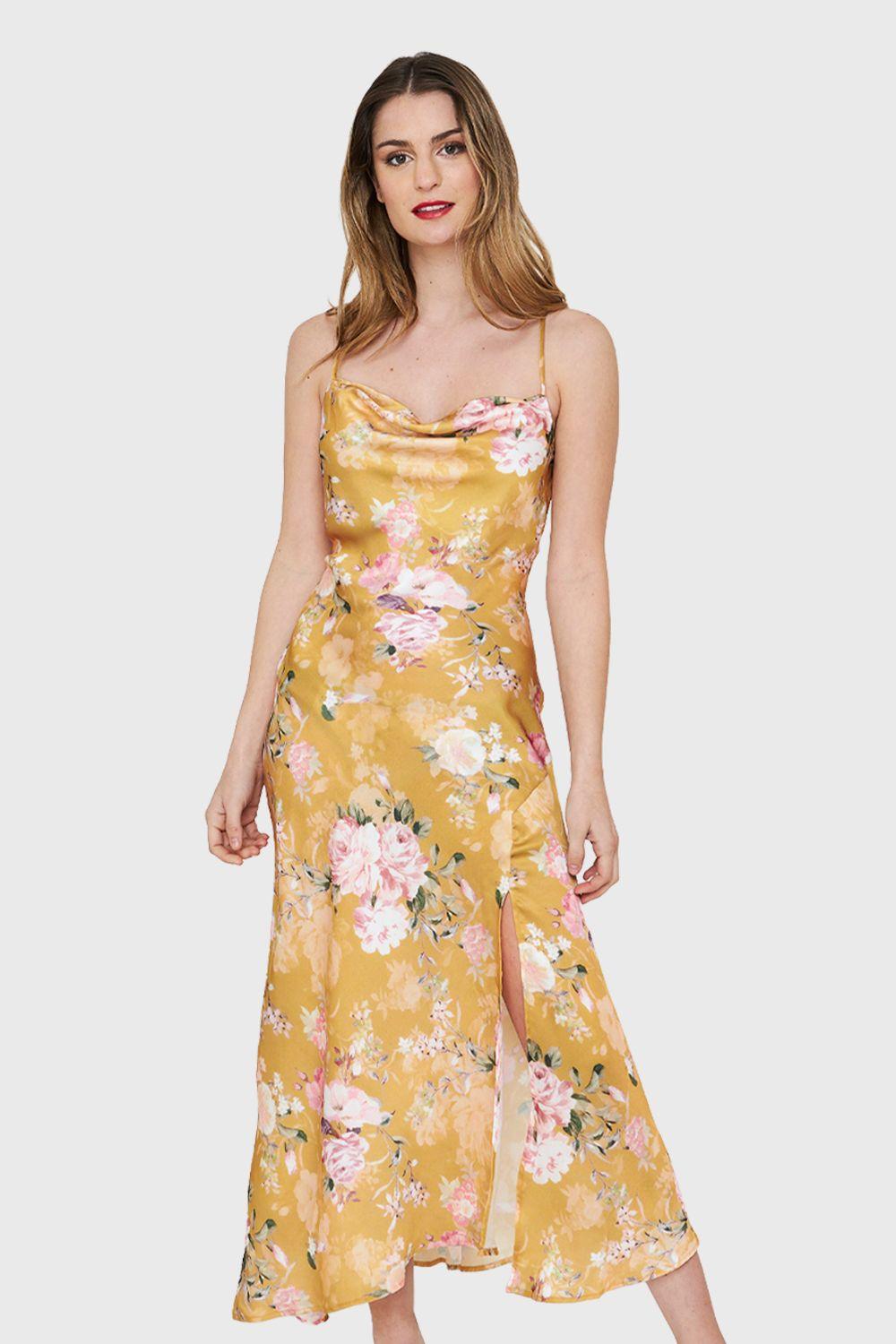 Vestido Tipo Satín Tajo Floral Amarillo Nicopoly-4