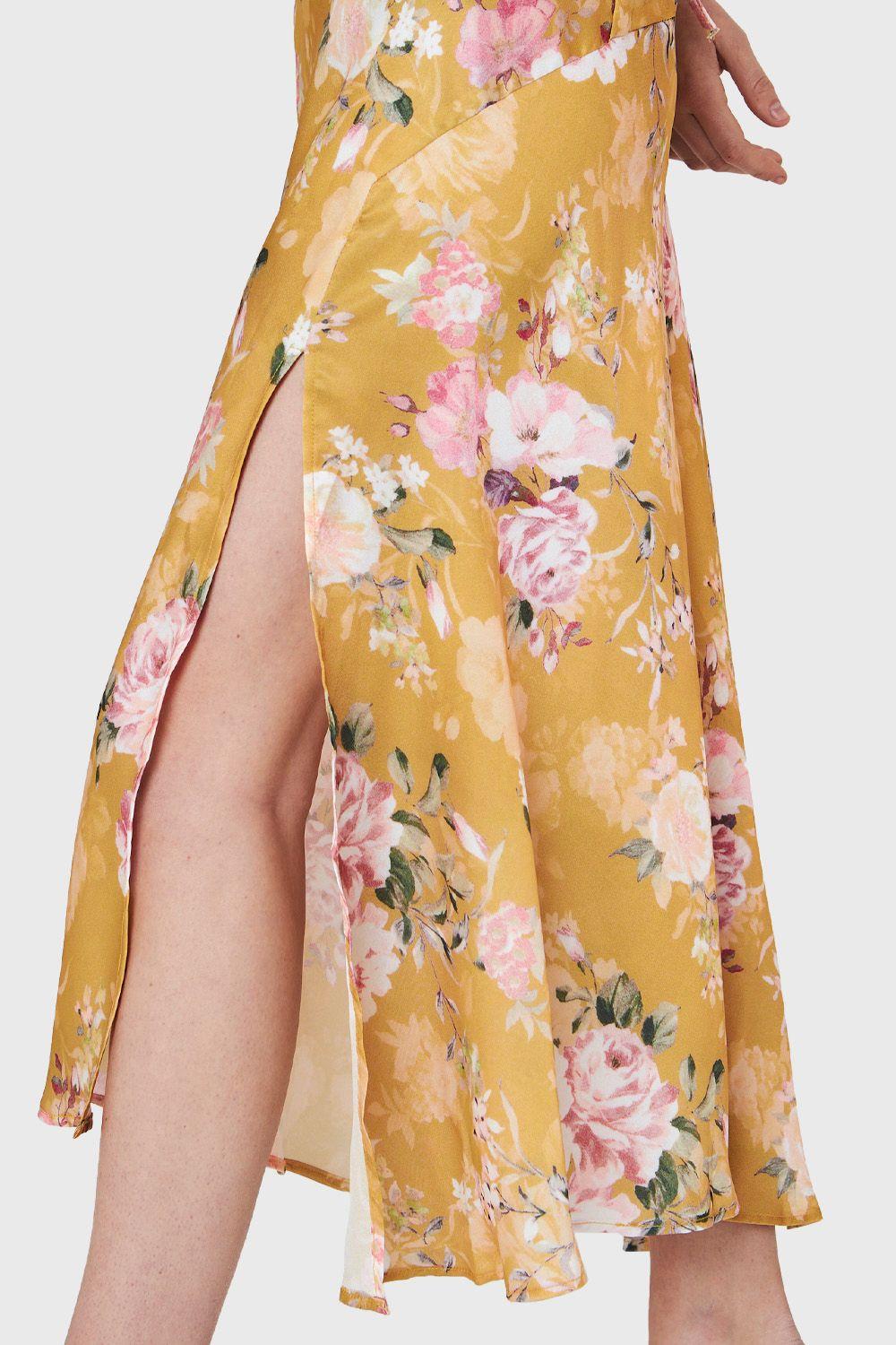 Vestido Tipo Satín Tajo Floral Amarillo Nicopoly-5