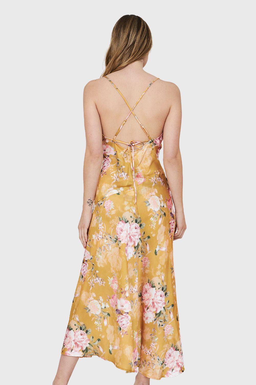 Vestido Tipo Satín Tajo Floral Amarillo Nicopoly-3