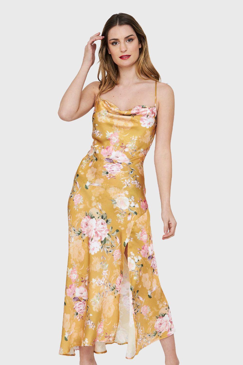 Vestido Tipo Satín Tajo Floral Amarillo Nicopoly-0