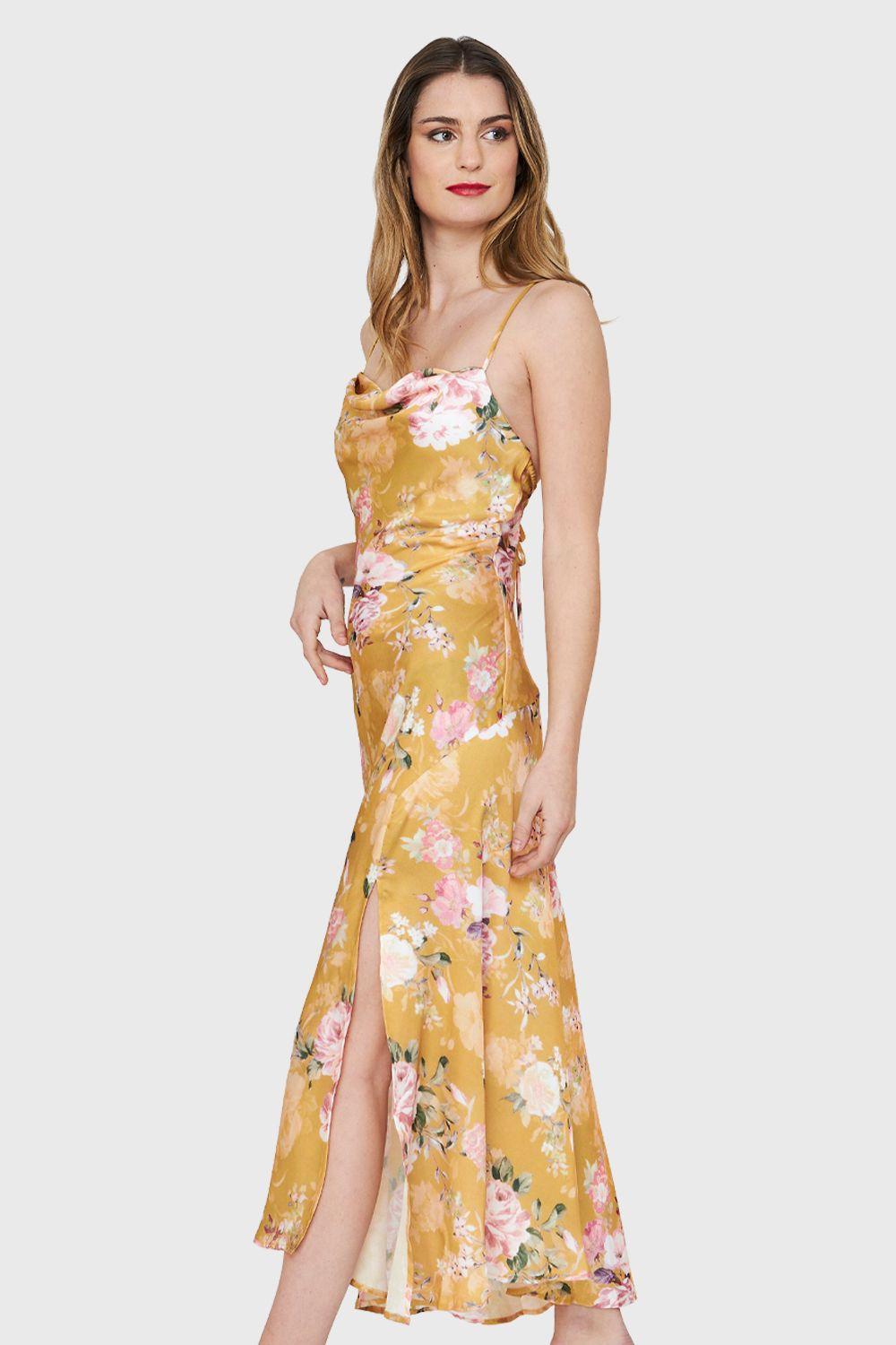 Vestido Tipo Satín Tajo Floral Amarillo Nicopoly-2