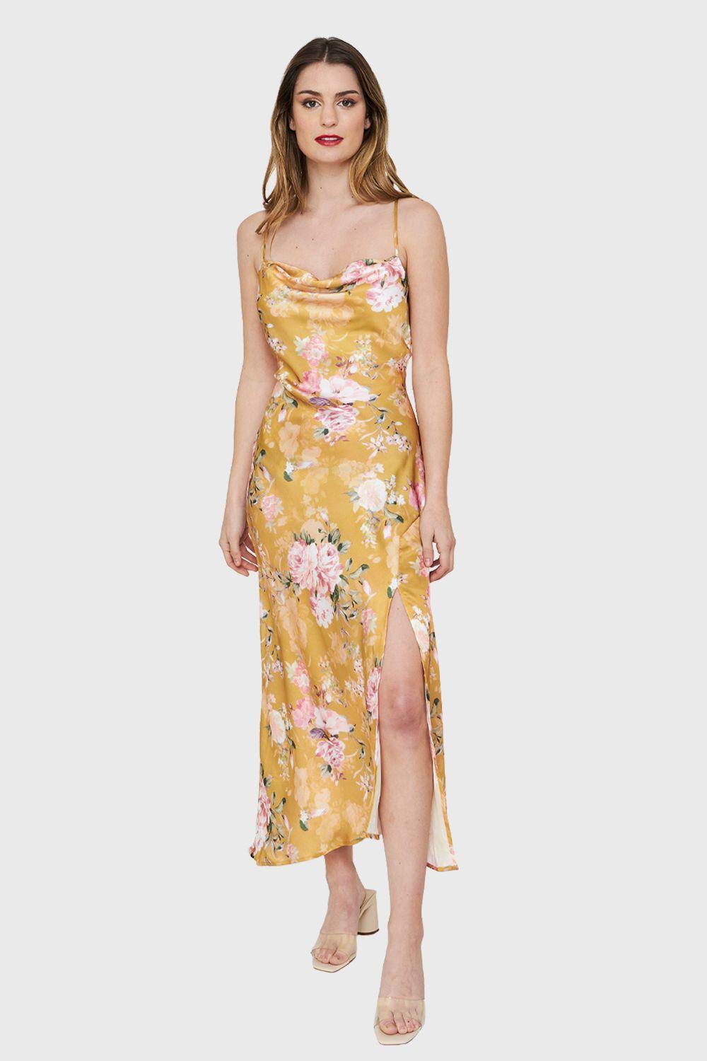 Vestido Tipo Satín Tajo Floral Amarillo Nicopoly-1