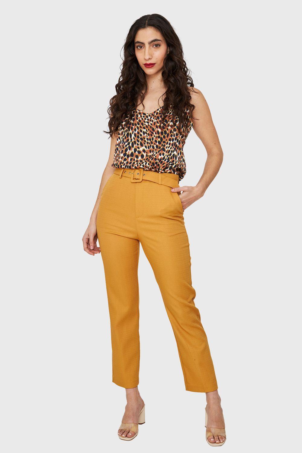 Pantalón Recto Cinturón Mostaza Nicopoly-1