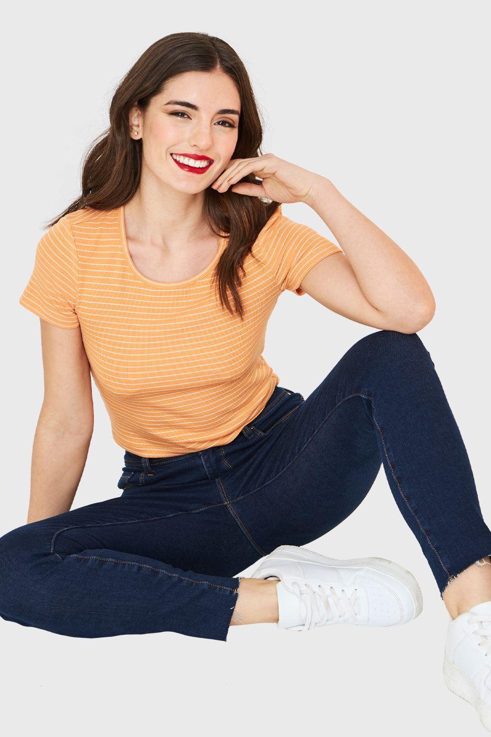 Polera Manga Corta Rayas Naranjo Nicopoly-0