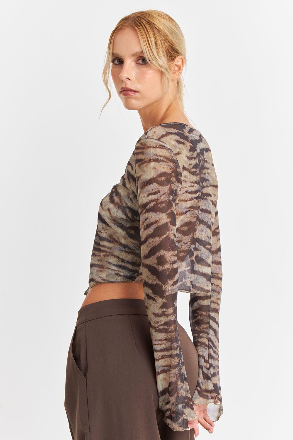 Blusa Transparencia Nudo Cebra Café Nicopoly-3
