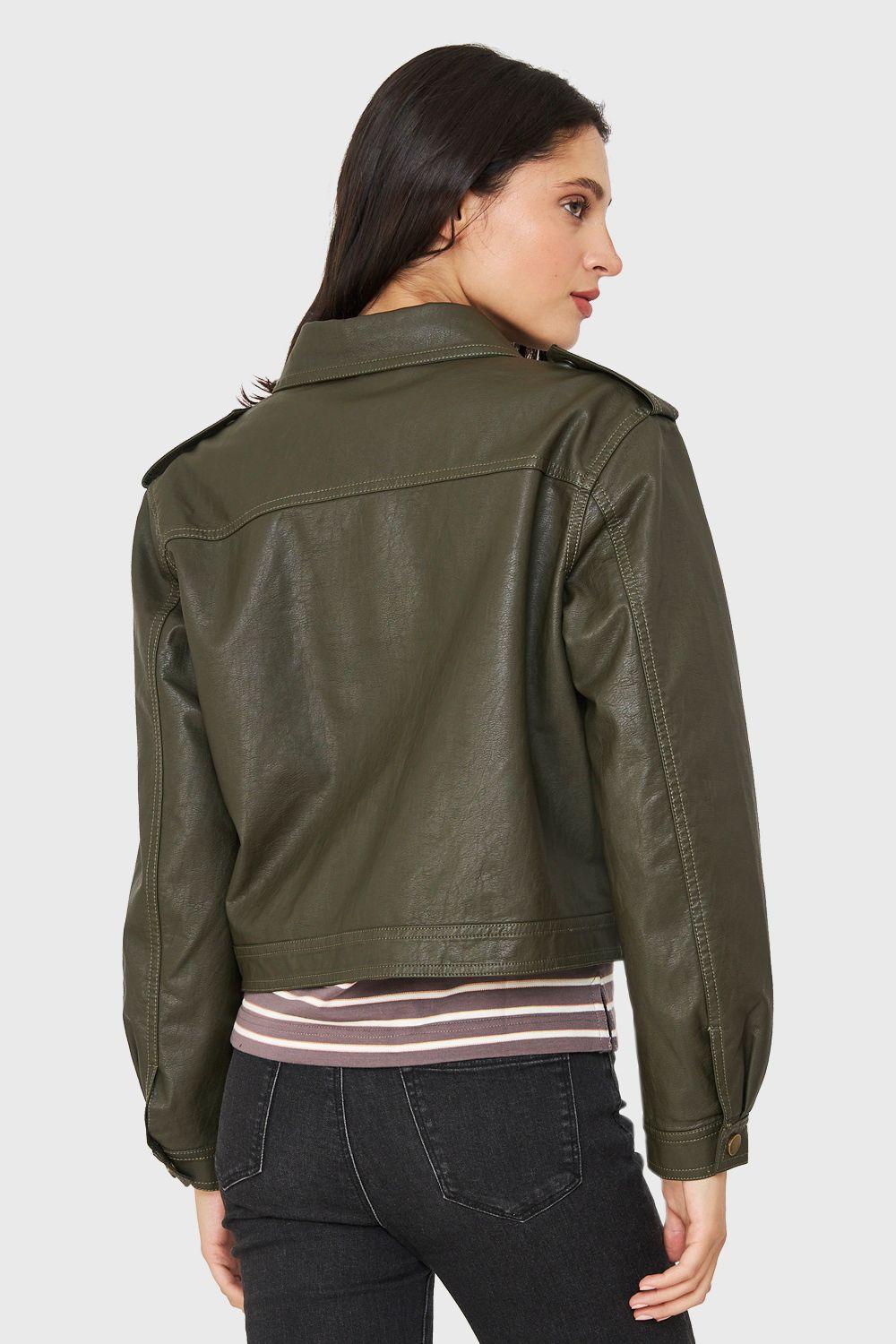 Chaqueta Cuello Camisero Ecocuero Oliva Nicopoly-3
