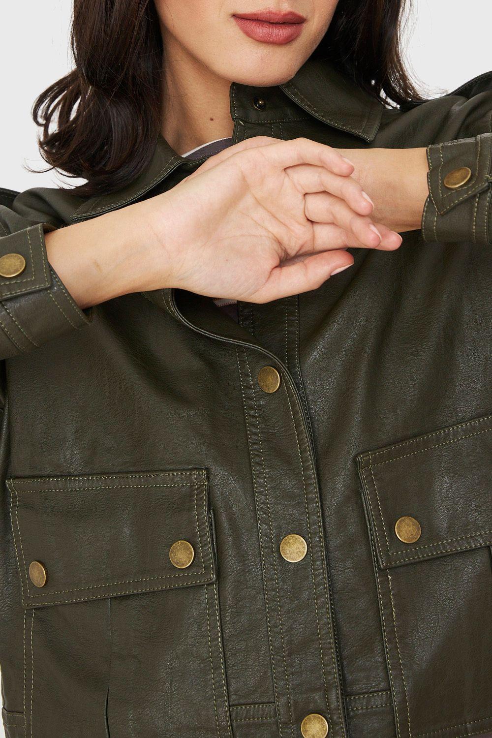 Chaqueta Cuello Camisero Ecocuero Oliva Nicopoly-5