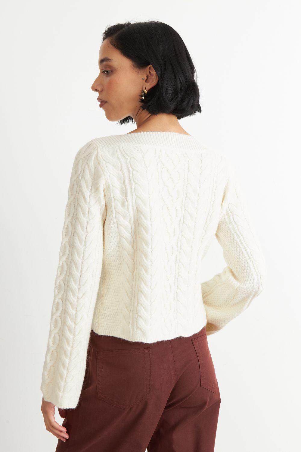 Sweater con Patrón Trenzado Blanco Nicopoly-3