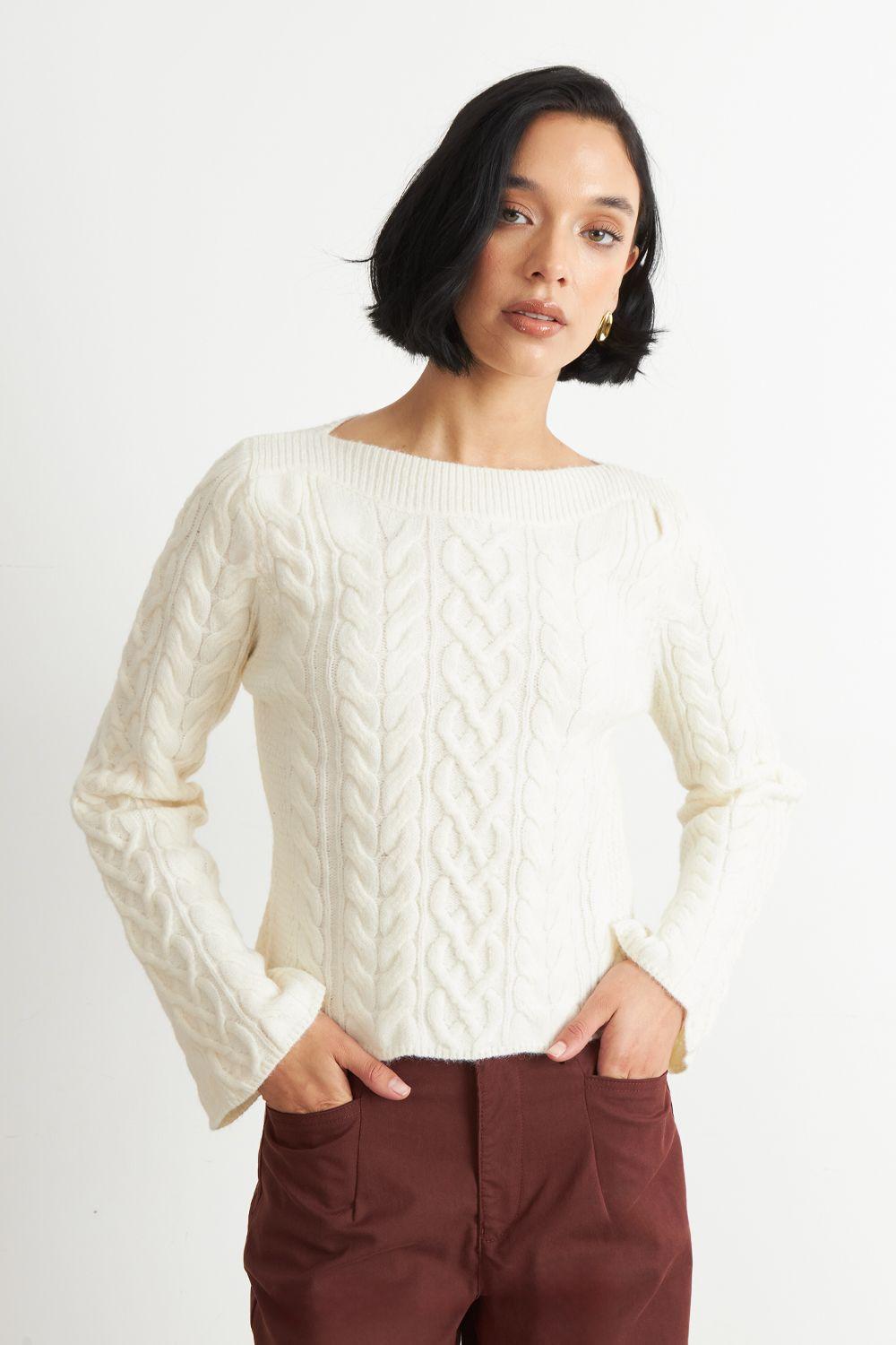 Sweater con Patrón Trenzado Blanco Nicopoly-4