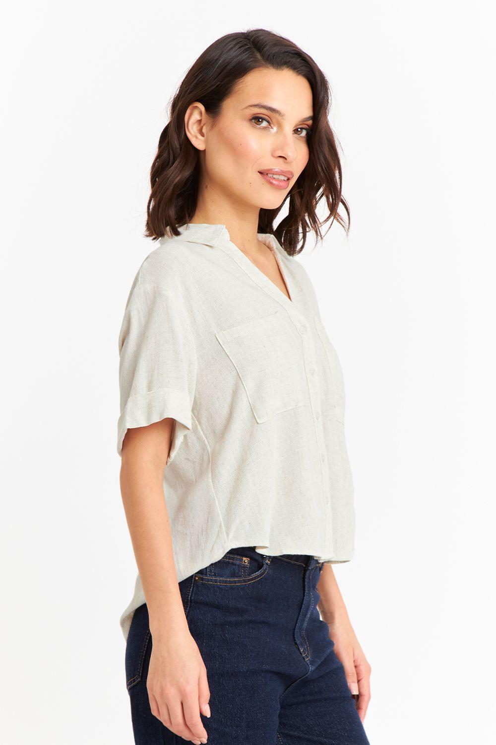 Camisa Básica Tipo Lino Beige-2
