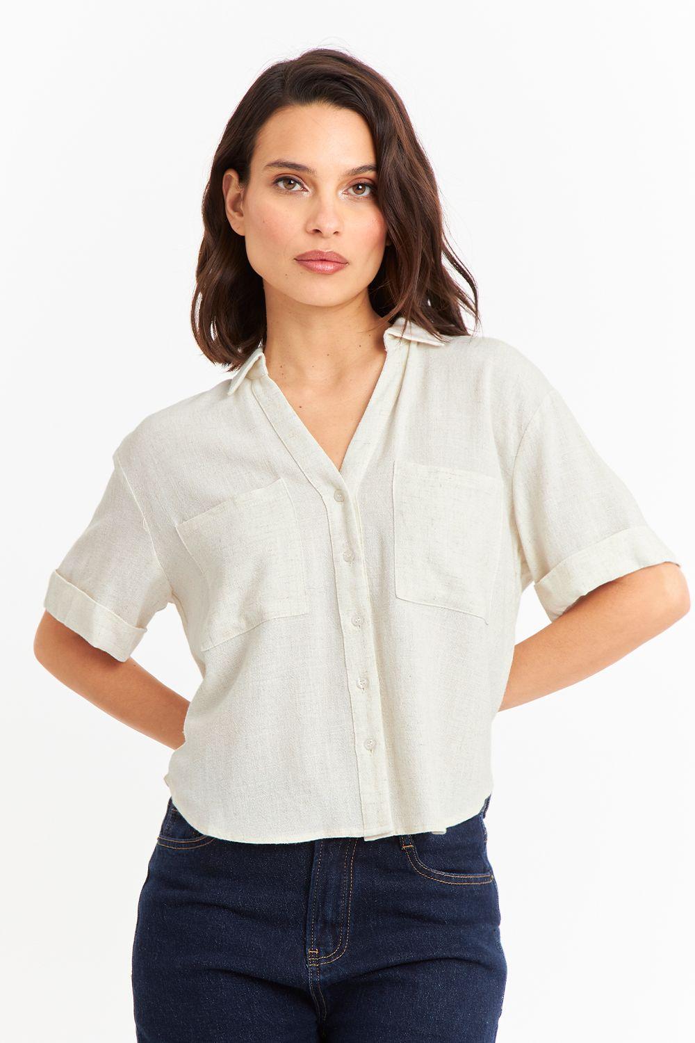 Camisa Básica Tipo Lino Beige-4