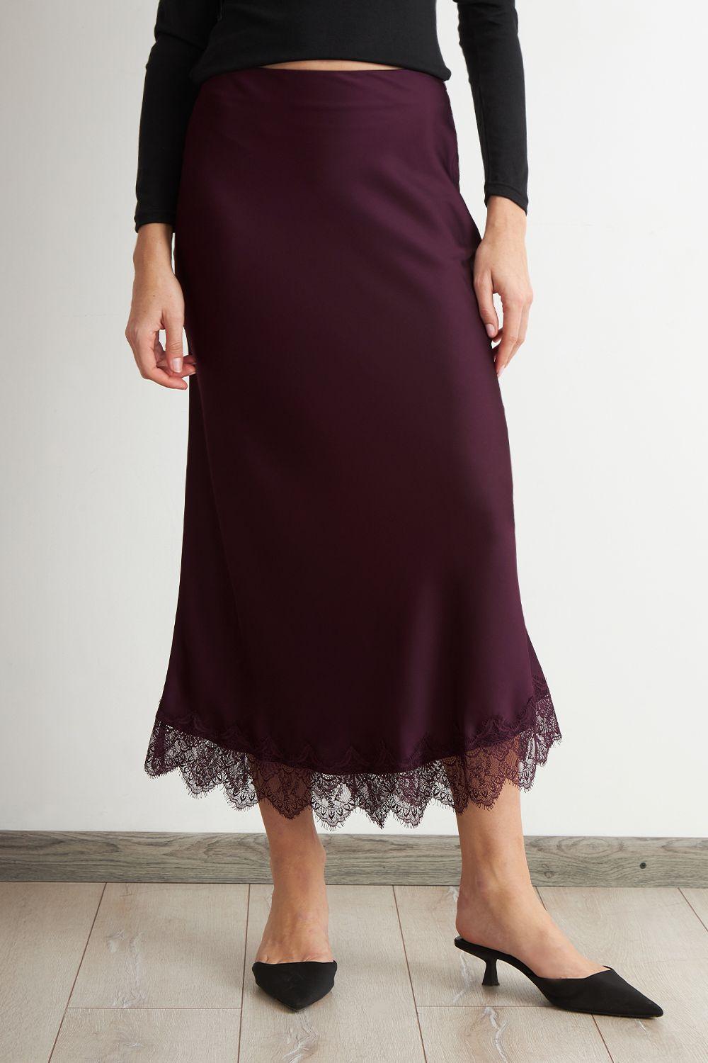 Falda Satín Encaje en Ruedo Burdeo Nicopoly-0