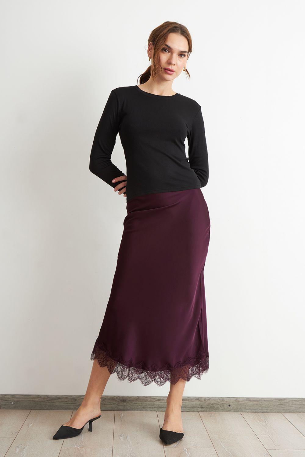 Falda Satín Encaje en Ruedo Burdeo Nicopoly-1