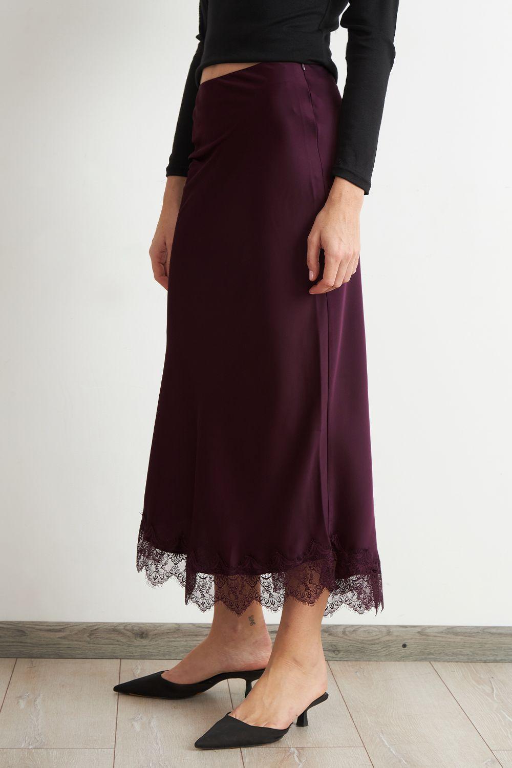 Falda Satín Encaje en Ruedo Burdeo Nicopoly-2