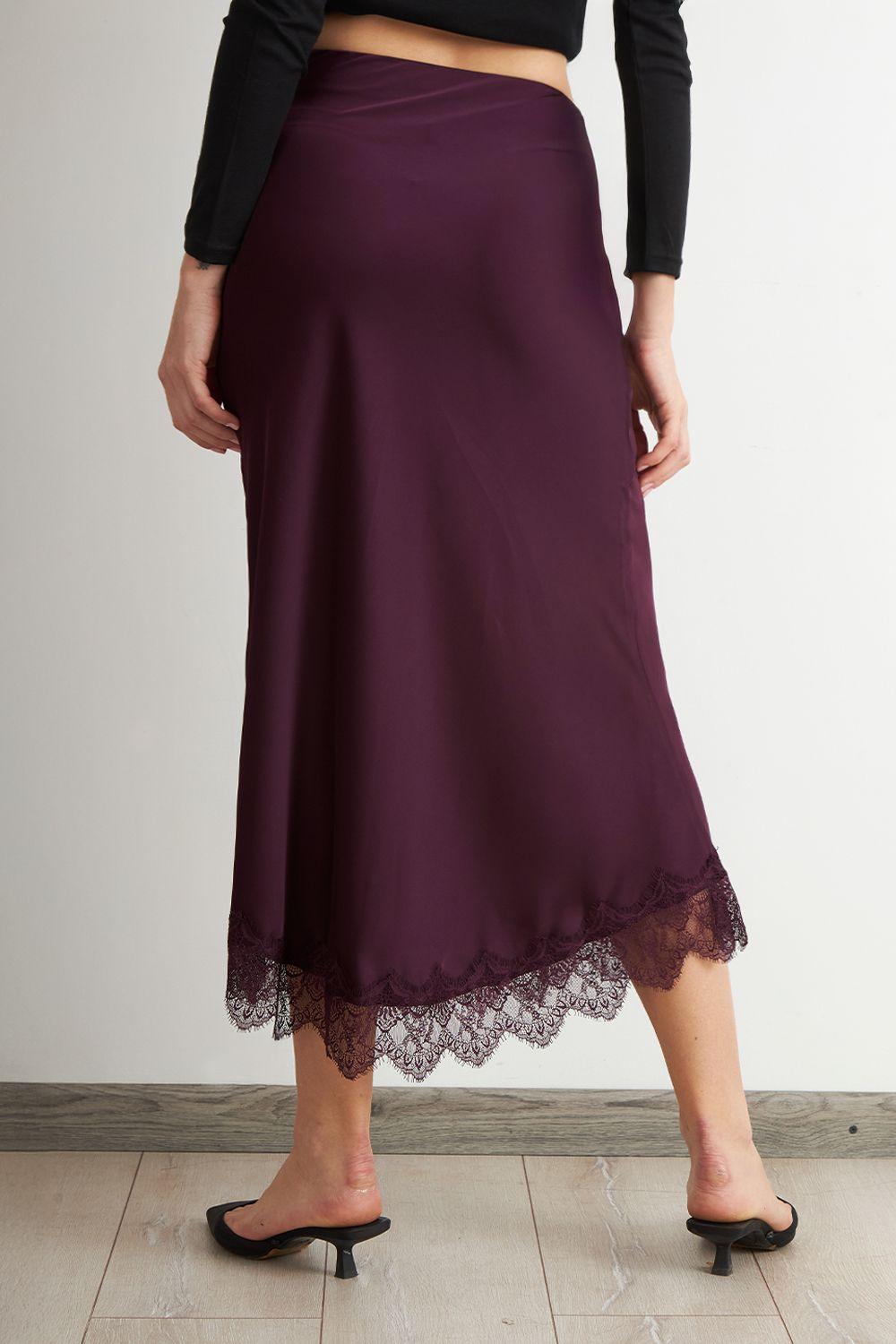 Falda Satín Encaje en Ruedo Burdeo Nicopoly-3