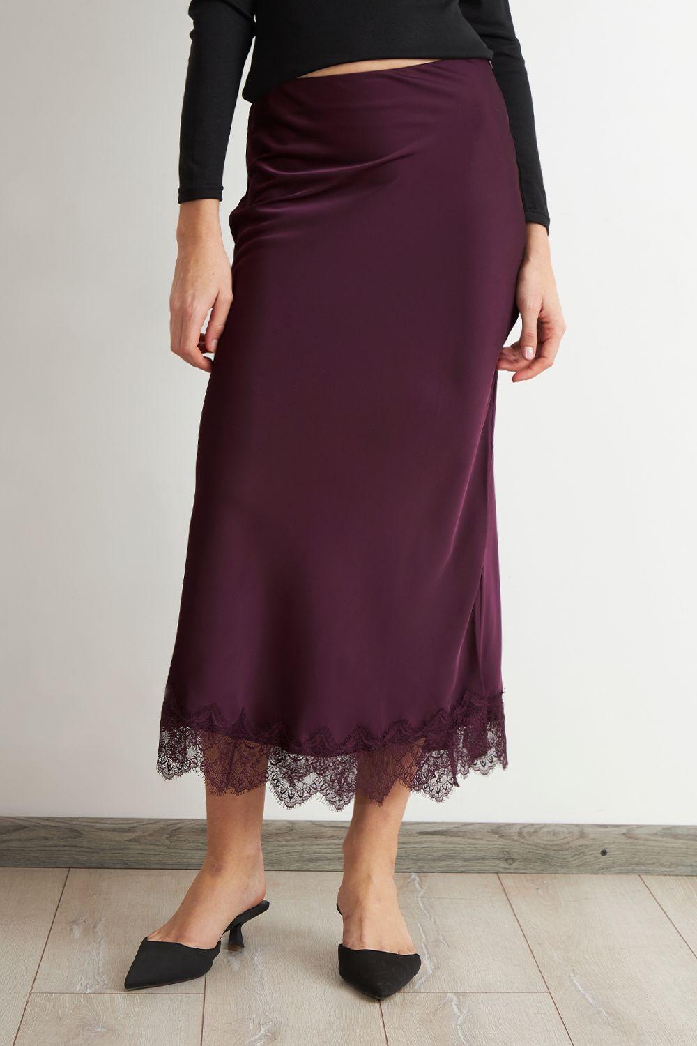 Falda Satín Encaje en Ruedo Burdeo Nicopoly-5