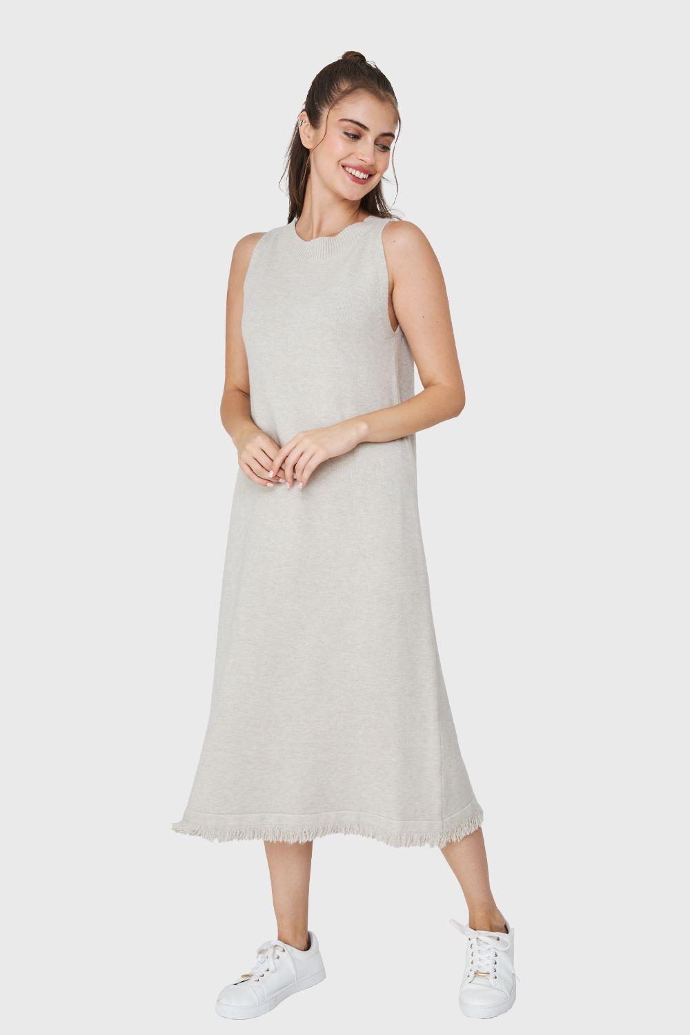 Vestido Tipo Tejido Holgado Flecos Beige Nicopoly-0