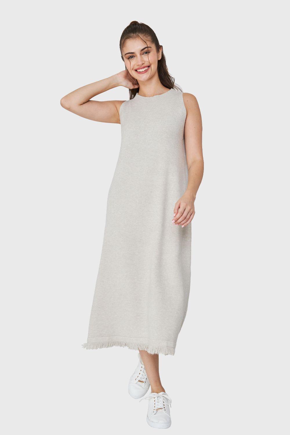 Vestido Tipo Tejido Holgado Flecos Beige Nicopoly-1