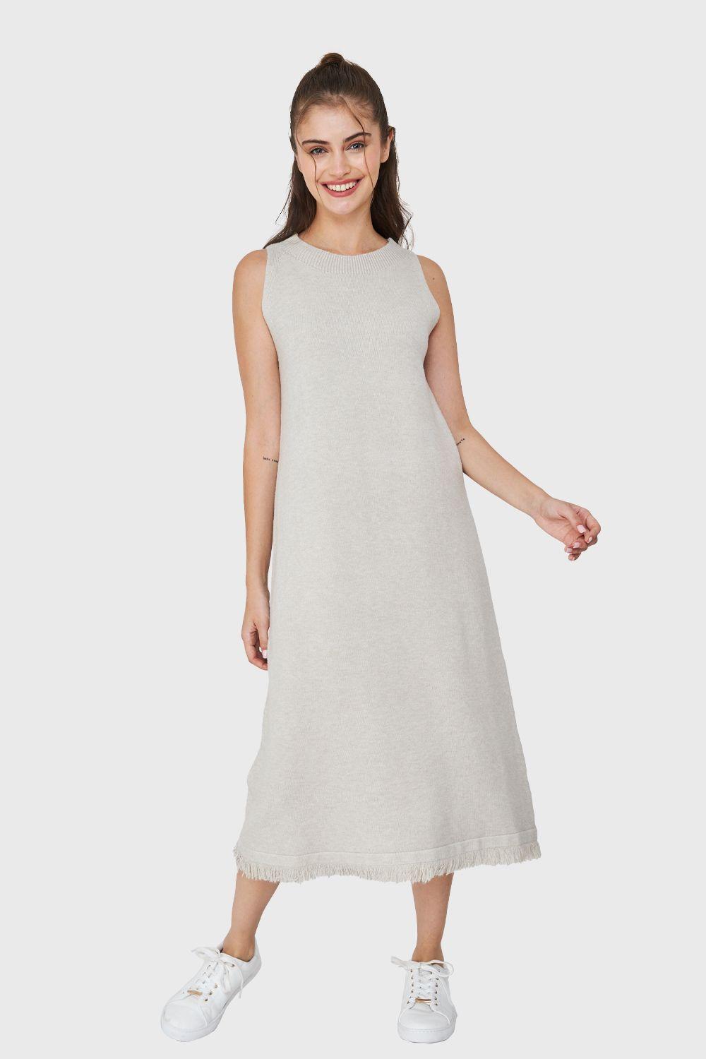 Vestido Tipo Tejido Holgado Flecos Beige Nicopoly-4