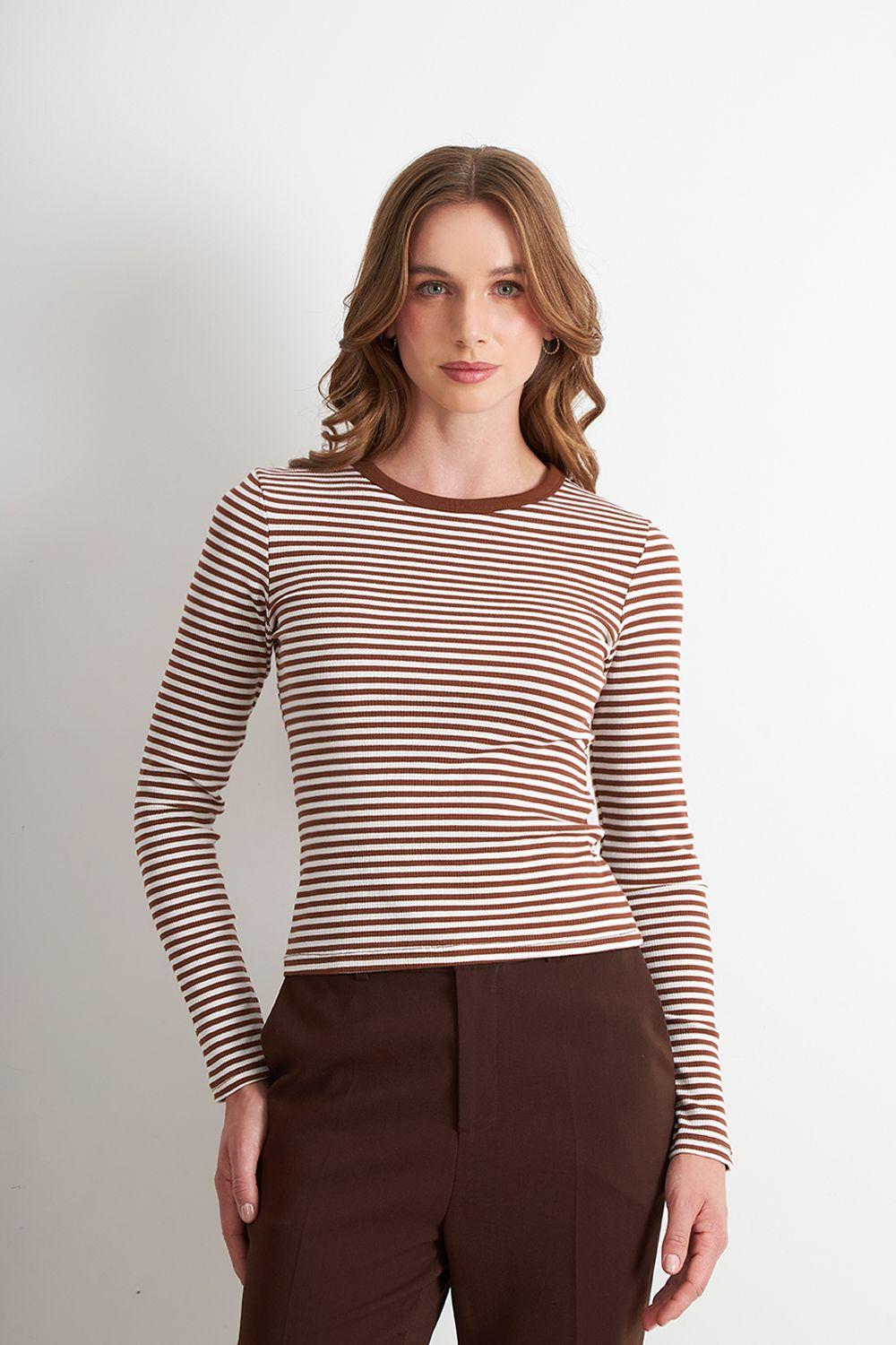 Polera Rayas Manga Larga Café Nicopoly-0