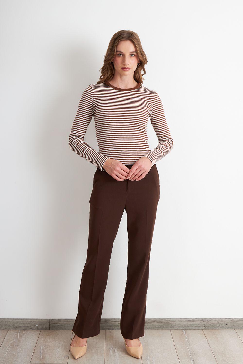 Polera Rayas Manga Larga Café Nicopoly-1