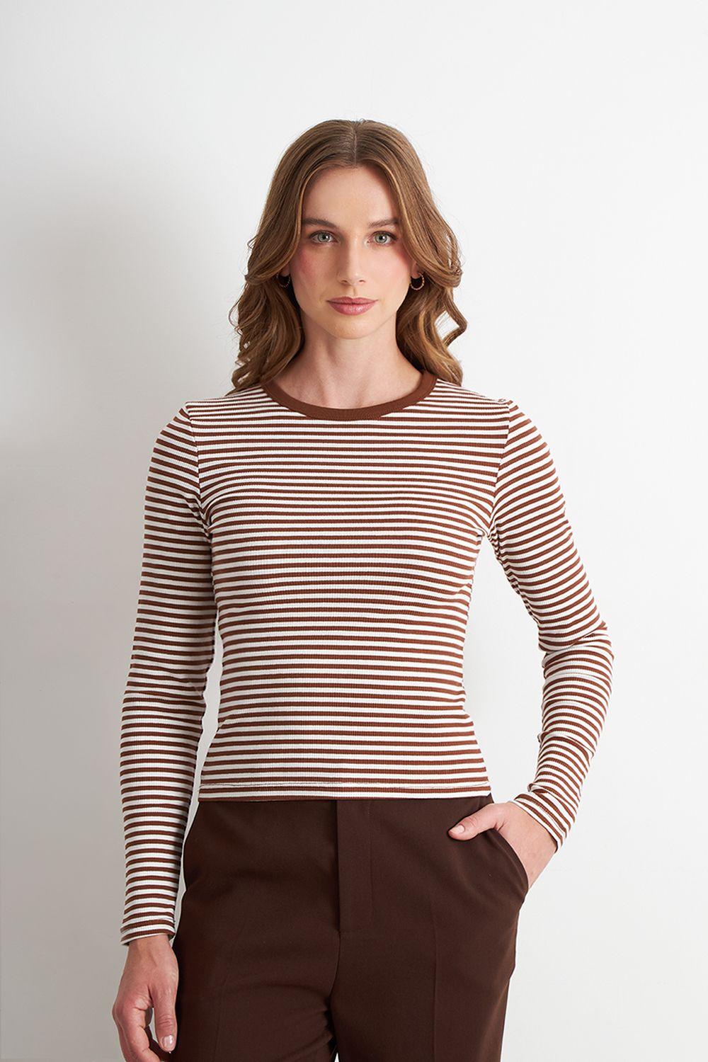 Polera Rayas Manga Larga Café Nicopoly-4