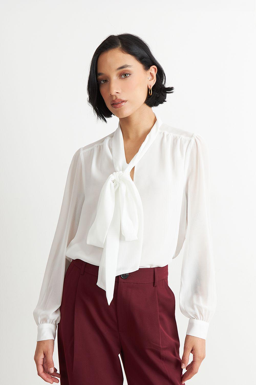 Blusa Manga Larga con Corbatín Blanco Nicopoly-4