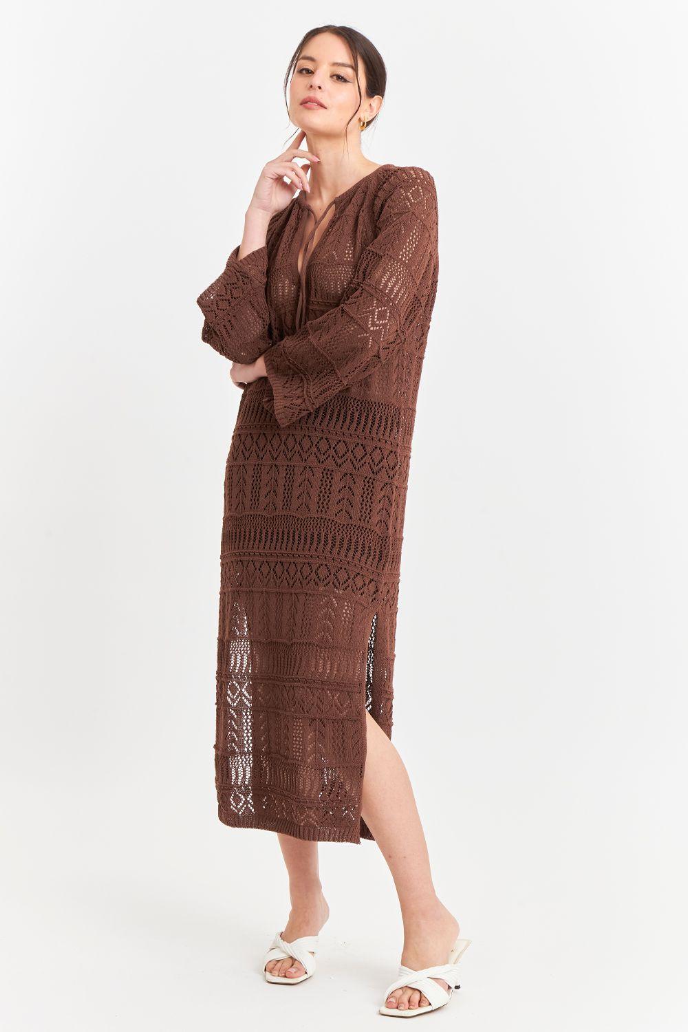 Vestido Largo Tejido Café Nicopoly-0
