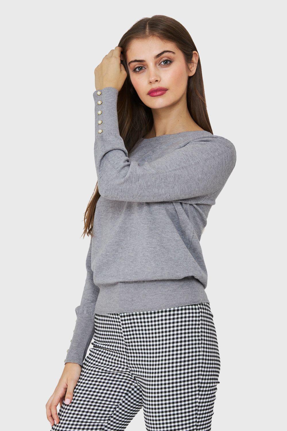 Sweater Punto Fino Detalles Perlas Gris Nicopoly-2