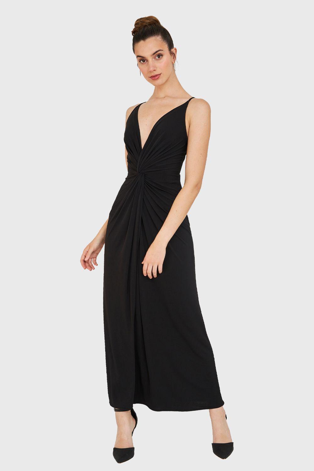 Maxi Vestido Nudo Y Tajo Negro Nicopoly-1