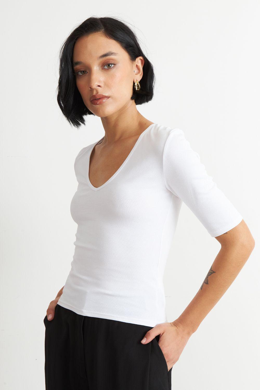 Polera Manga Corta Cuello Tipo U Blanco Nicopoly-2