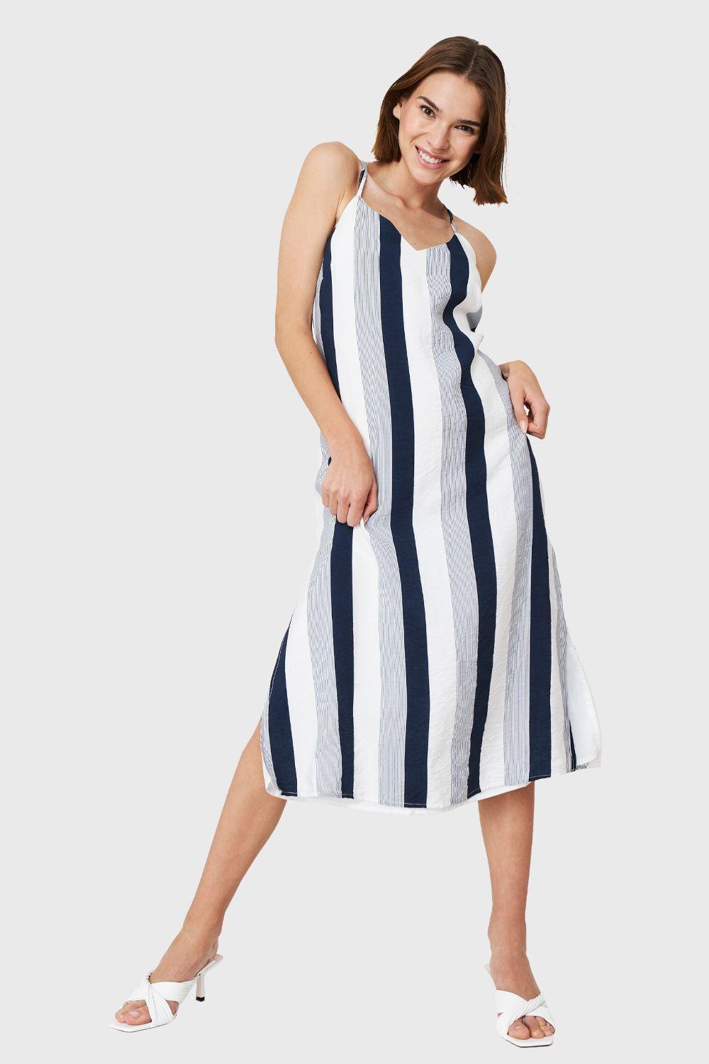 Vestido Rayas Espalda Cruzada Azul Marino Nicopoly-4