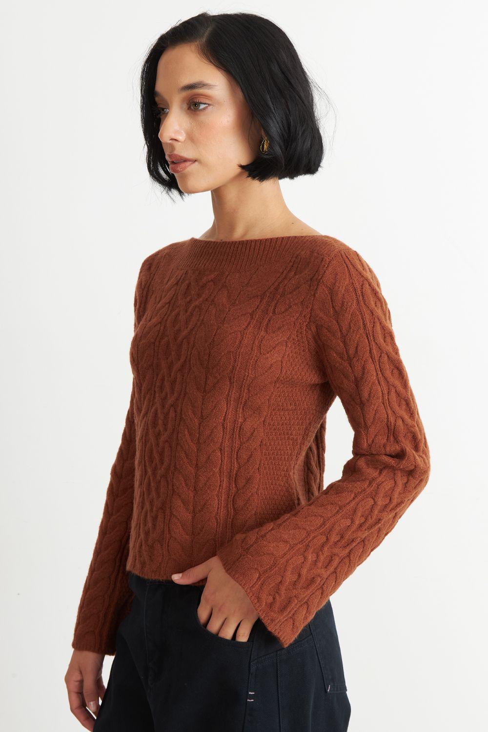 Sweater con Patrón Trenzado Mocca Nicopoly-2