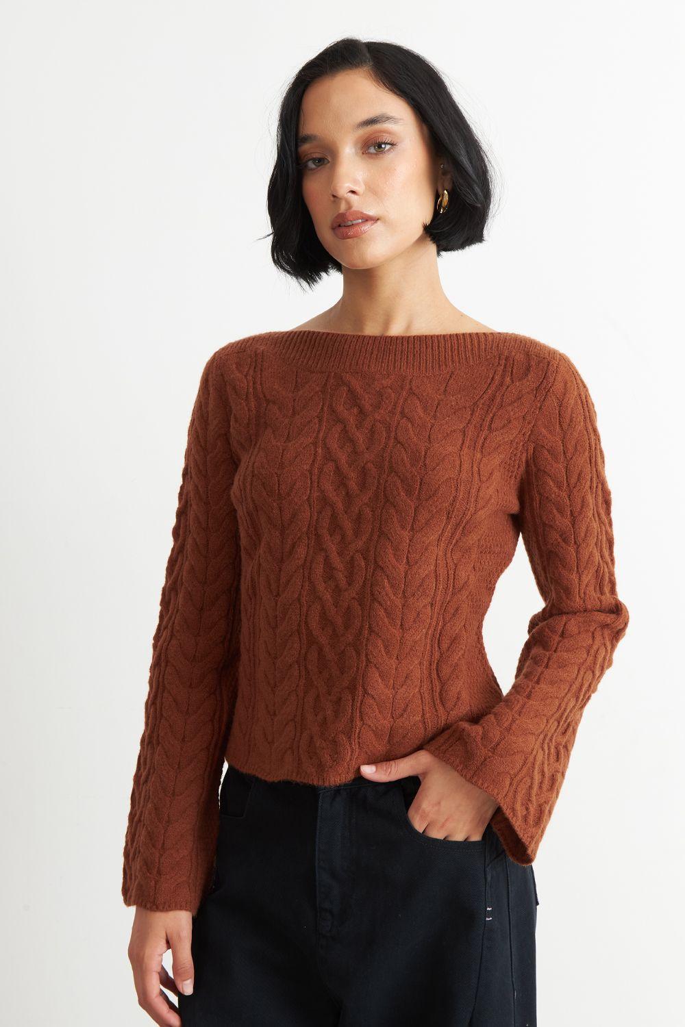 Sweater con Patrón Trenzado Mocca Nicopoly-4