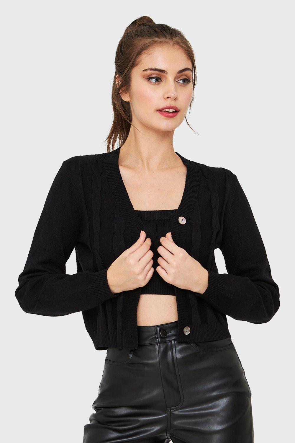 Cárdigan Crop Trenzado Negro Nicopoly-4