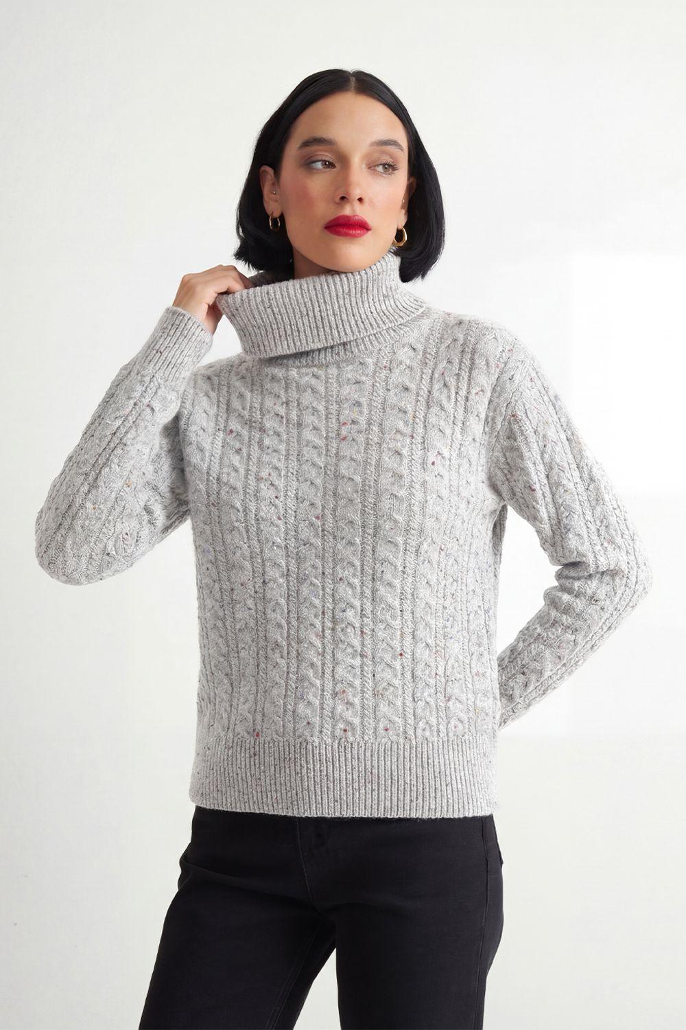 Sweater Trenzado Cuello Alto Gris Nicopoly-4