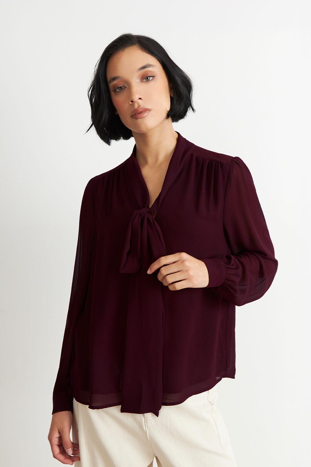 Blusa Manga Larga con Corbatín Burdeo Nicopoly-0