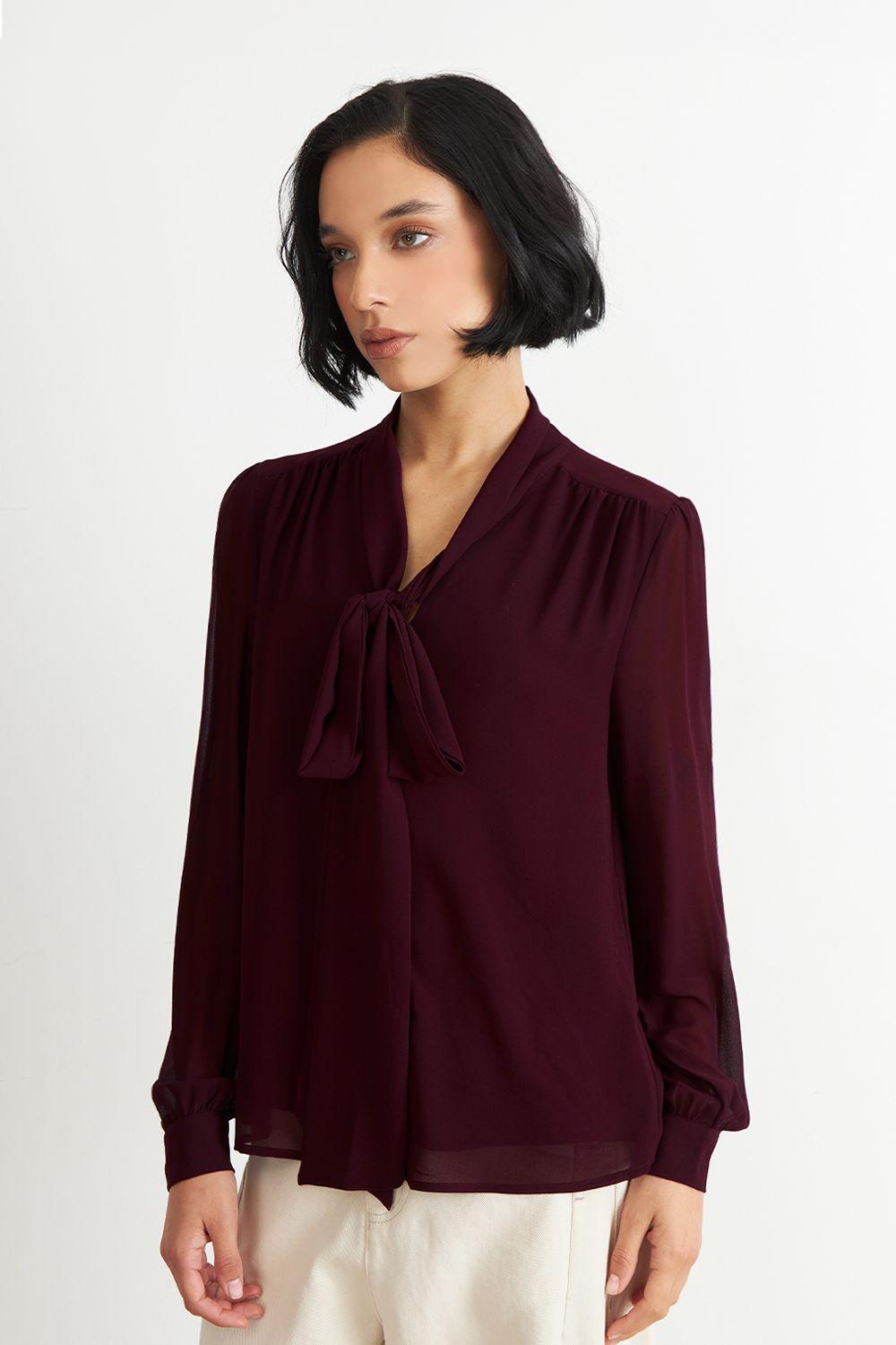 Blusa Manga Larga con Corbatín Burdeo Nicopoly-4