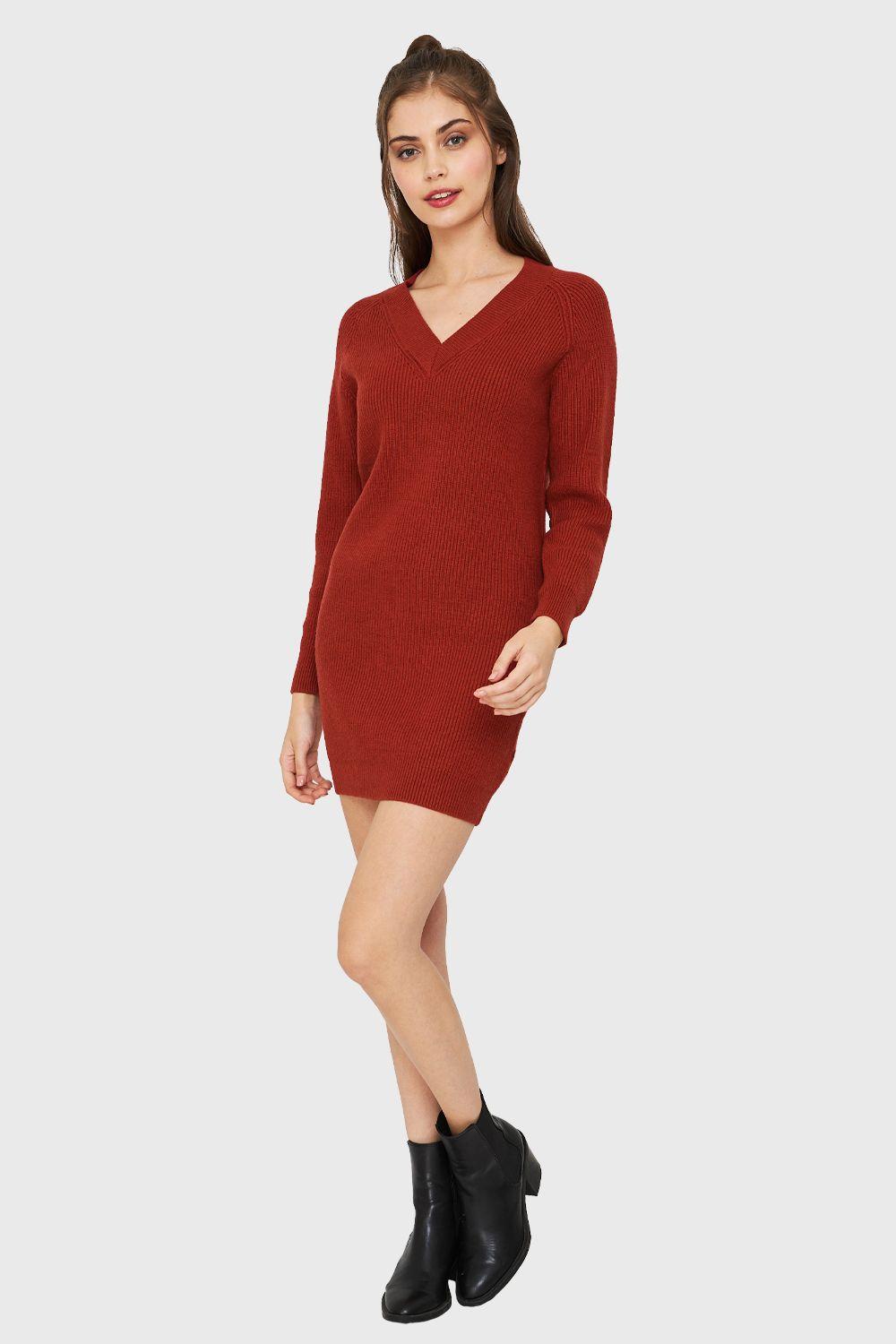 Sweater Vestido Cuello V Rojo Ladrillo Nicopoly-1