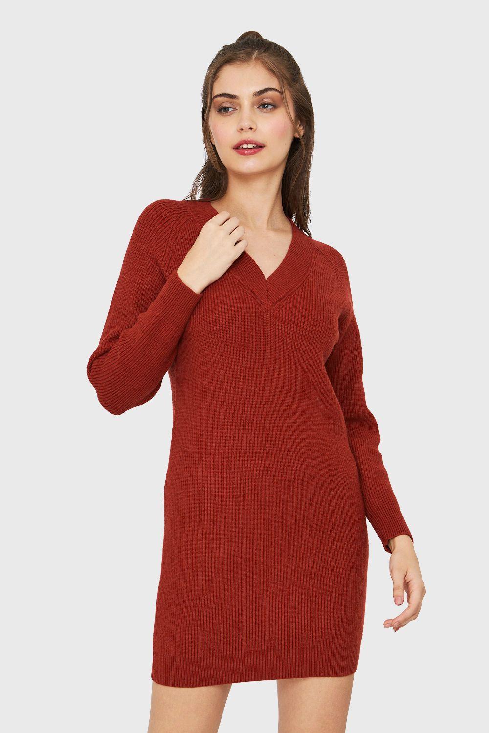 Sweater Vestido Cuello V Rojo Ladrillo Nicopoly-0