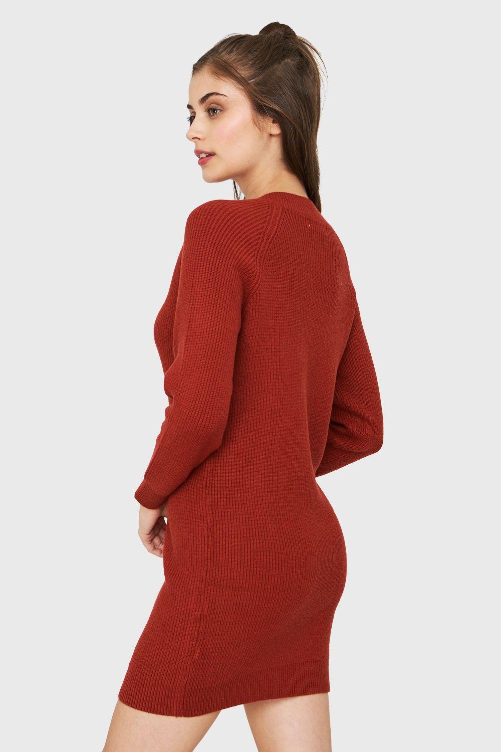 Sweater Vestido Cuello V Rojo Ladrillo Nicopoly-3