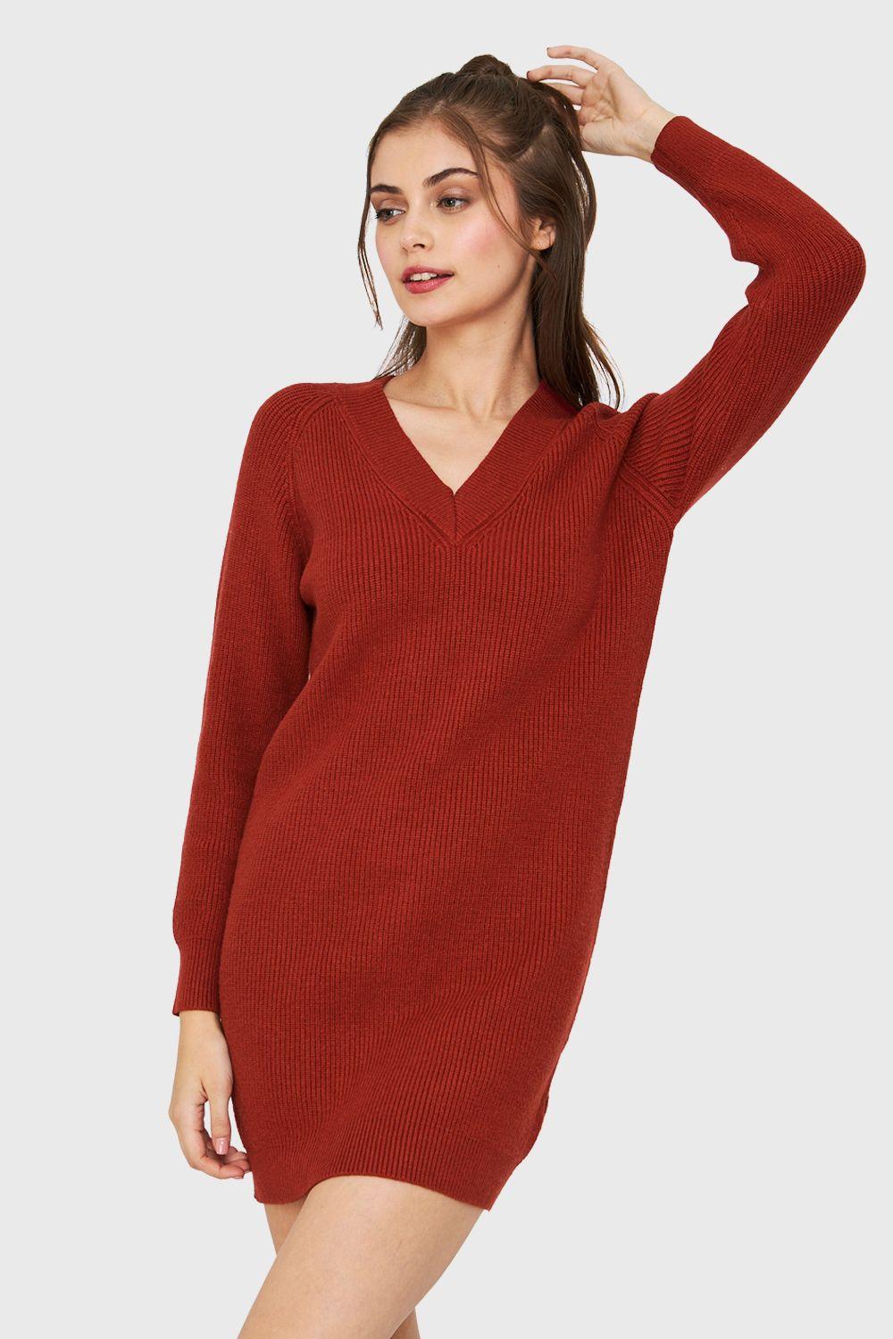 Sweater Vestido Cuello V Rojo Ladrillo Nicopoly-4