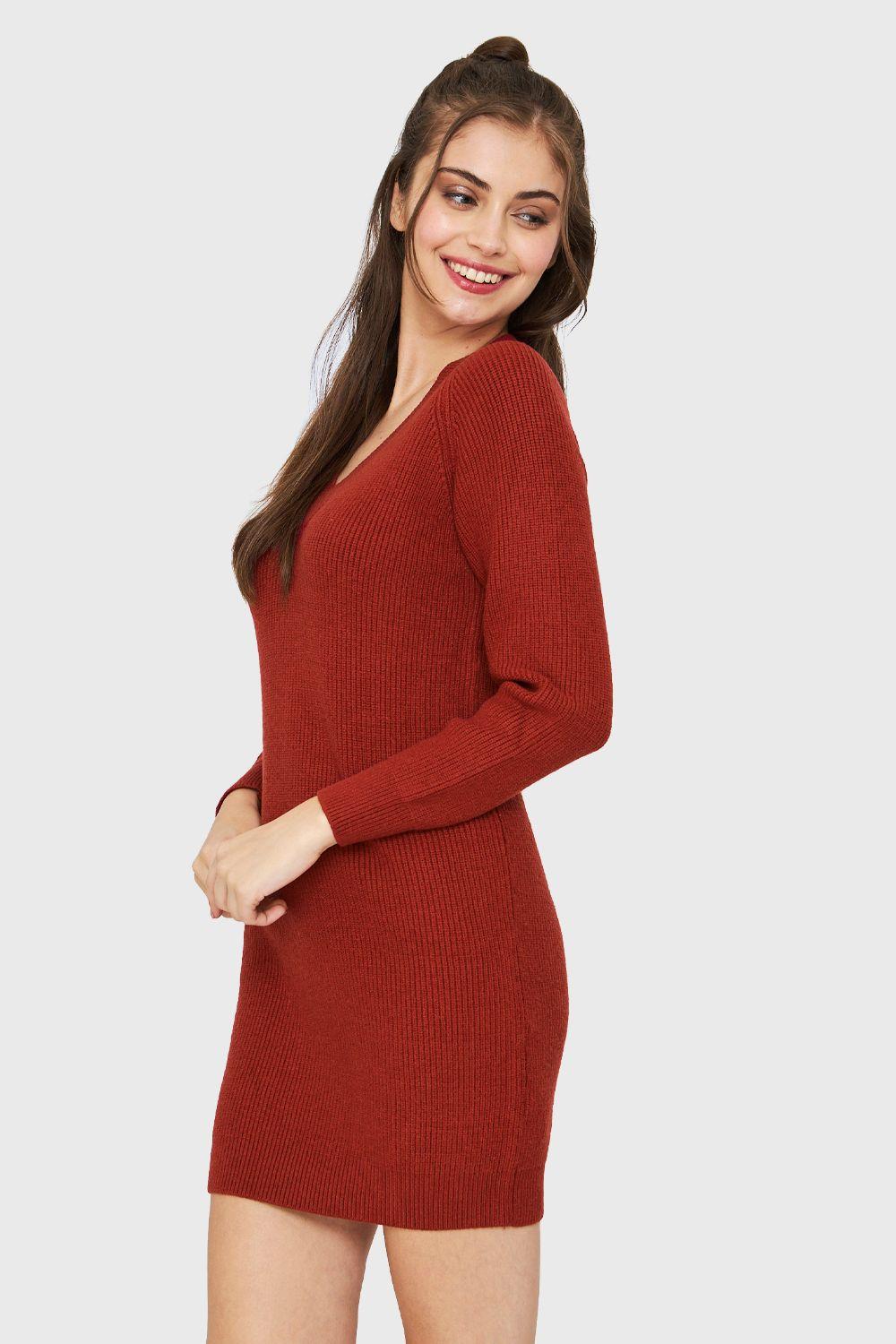 Sweater Vestido Cuello V Rojo Ladrillo Nicopoly-2