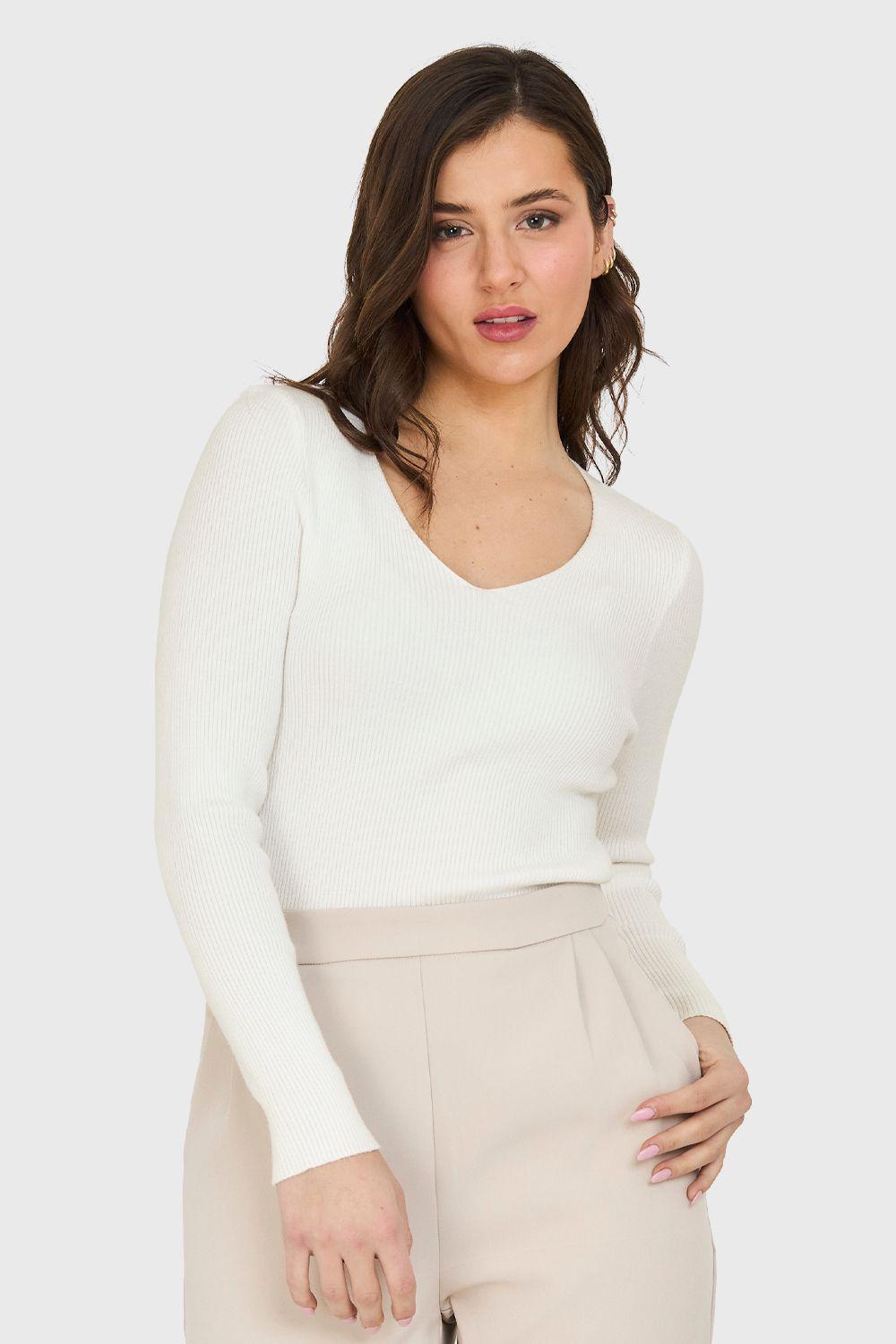 Sweater Cuello V Acanalado Blanco Nicopoly-0