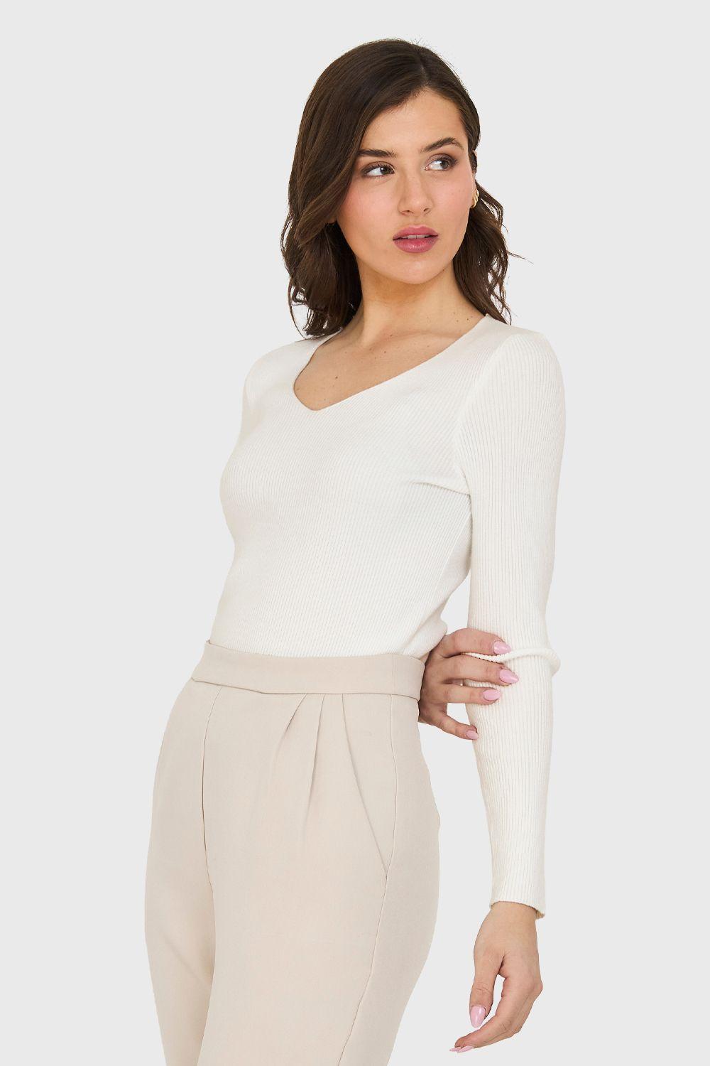 Sweater Cuello V Acanalado Blanco Nicopoly-2